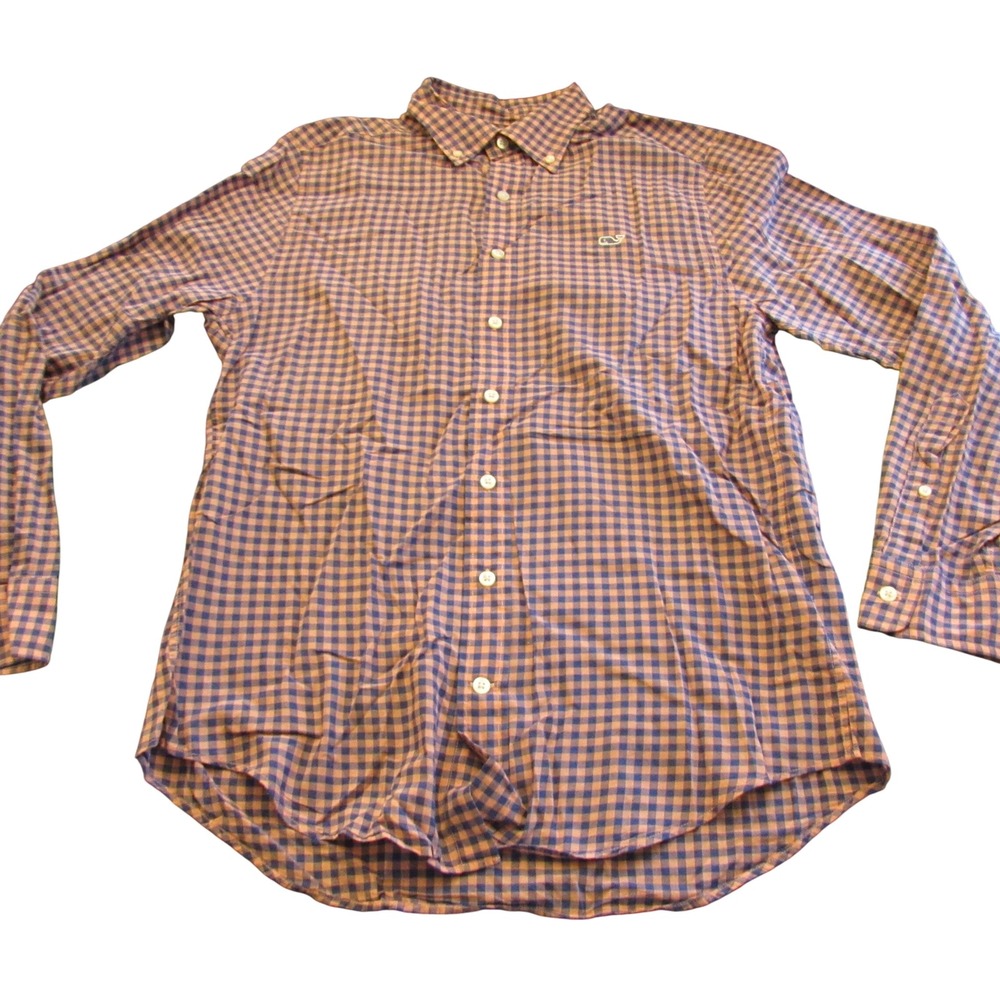 Vineyard Vines Mens Small Slim Fit Whale Shirt Blue Orange Gingham Cotton Button